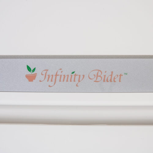 Clear Water Bidets, Infinity Bidet label on bidet seat